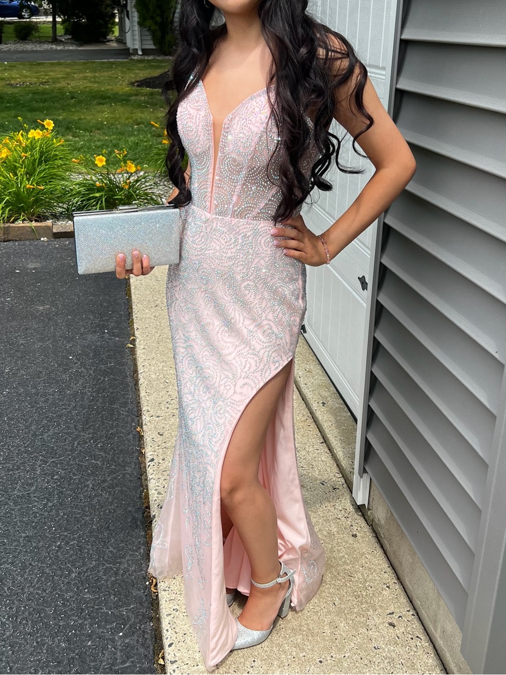 Blush Pink Beaded Prom Gown with Spaghetti Straps